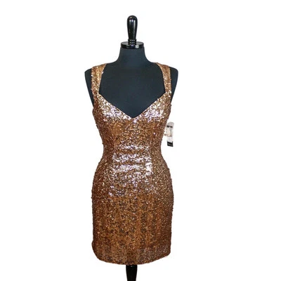 Faviana Gold Sequin Mini Bodycon Dress Event Prom Hoco Wedding Guest 8 - Image 1 of 4