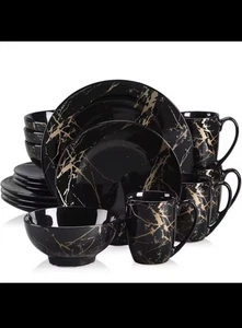 LOVECASA 16/32/48-teiliges Porzellangeschirr - Schwarz / Blau mit Goldspritzer Design - Bild 1 von 11