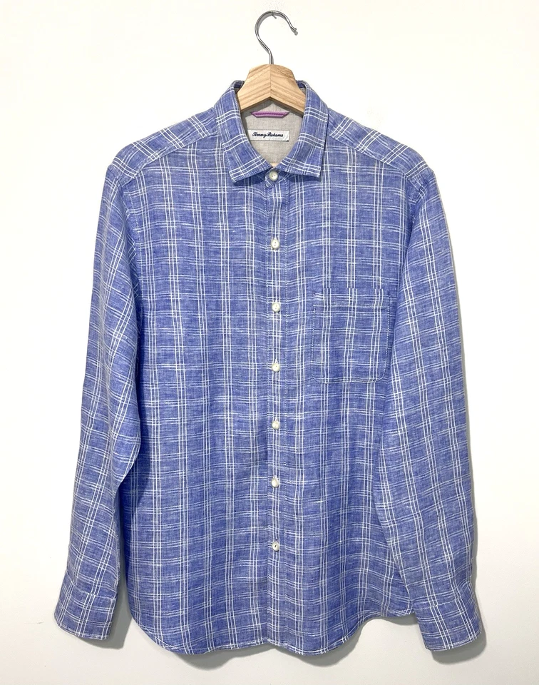 Tommy Bahama 男式纽扣衬衫 M 亚麻白色紫色格子长袖标志 — 第 1/4 张图片