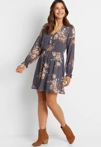 Maurices Gray Tan Floral Chiffon Long Sleeve Pullover Mini Dress Large NWT - Picture 1 of 6