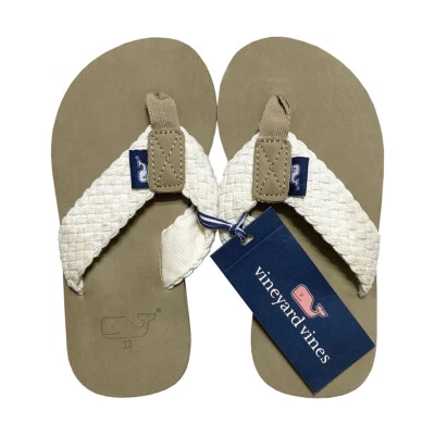 Vineyard Vines Boys Braided Flip Flops Size Youth 13 Leather Natural - Image 1 of 4