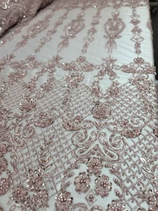Fabric Sold By The Yard Dusty Rose Beaded Lace Floral Flowers Embroidery Mesh - Picture 1 of 9