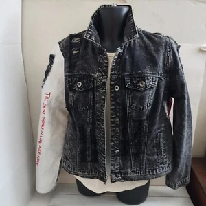 Medium Denim Jean Jacket Distressed Hand Painted M - Picture 1 of 23