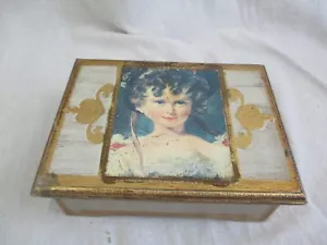 Vtg Gold Florentine Wood Jewelry Trinket Box Girl Portrait Red Lining Japan - Picture 1 of 9