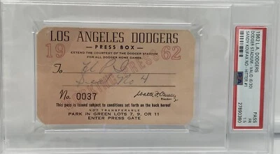 Sandy Koufax No-Hitter PSA Ticket Pass 1962 Dodgers/Mickey Mantle MVP/POP 1⚾️ - Image 1 of 4