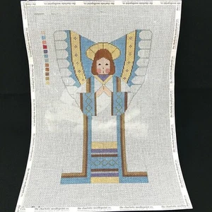 Handbemalt Nadelspitze Leinwand blauer Engel mit Faden Seide & Elfenbein Kreinik - Bild 1 von 8