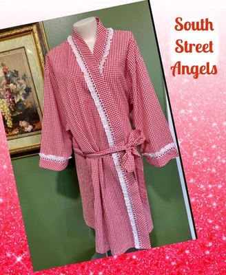 LANZ OF SALZBURG ~ ROJO ~ BATA ENVOLVENTE SEERSUCKER CON ESTAMPADO DE FRESA ~ TALLA 2X Foto 1 de 4