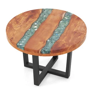 24" Round Teak Wood End Table w/ Epoxy Resin Tabletop Mahogany Base for Patio - Picture 1 of 10