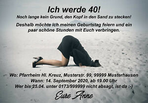 Lustige Einladungskarten Geburtstag 30,40,50,60,70 Kopf Sand inkl. Umschläge