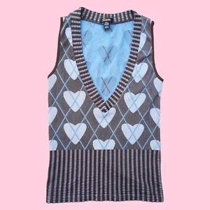 Y2K Argyle Vest Top Womens Size M Heart Print Coquette Dollette Academia - Bild 1 von 6