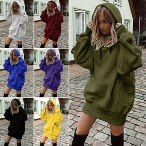 UK Womens Hooded Sweatshirt Ladies Long Sleeve Sweater Hoodie Jumper Mini Dress - Picture 1 of 11