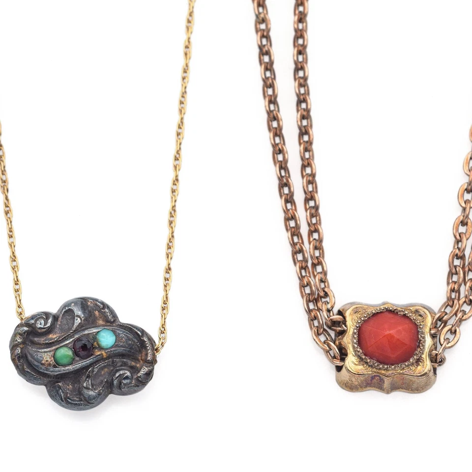 Vintage B David Turquoise Garnet 14K Gold / Silver Necklace & GF Coral Bracelet - Image 1 of 4