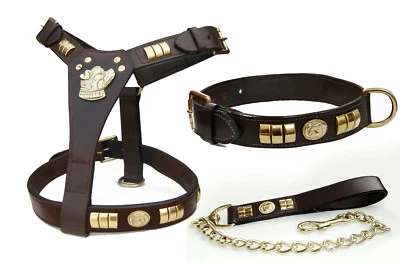 LEATHER DOG HARNESS (DOG MOTIFF)* COLLAR & CHAIN LEAD COMBINE SET BRASS FITTINGS - Image 1 of 4