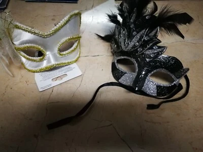 NWT (2) Masks, White & Gold, Black And Silver Satin Mardi Gras/Ball Masks. - Image 1 of 3