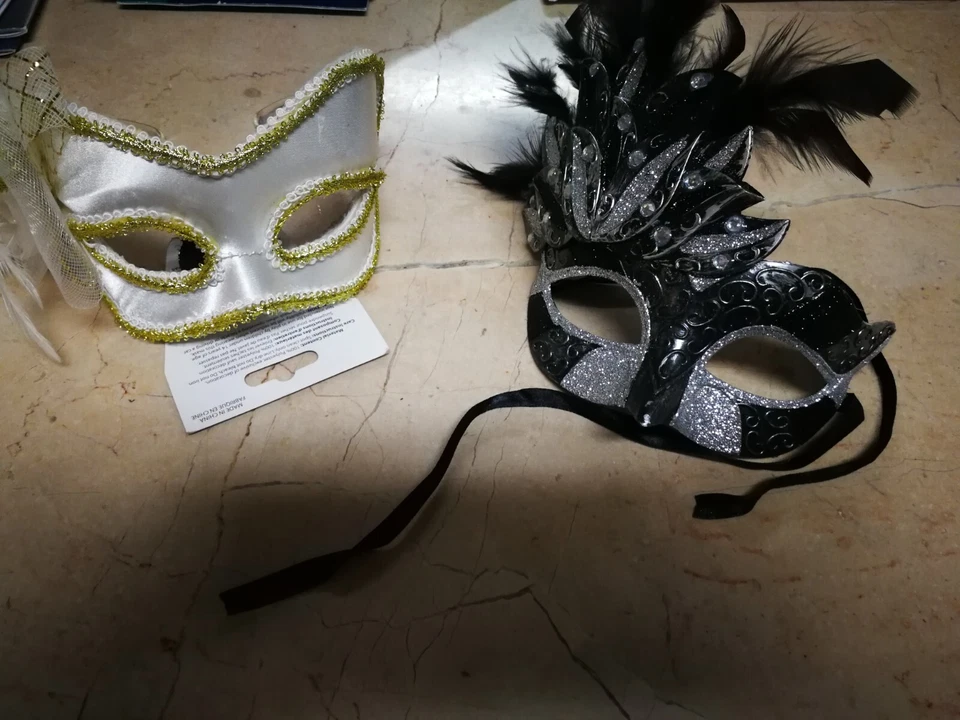 NWT (2) Masks, White & Gold, Black And Silver Satin Mardi Gras/Ball Masks. - Image 1 of 3
