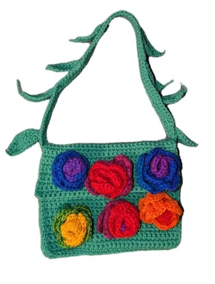 Handmade Crochet Boho Earthy Purse With  Leaf And  Flower Details - Image 1 of 4