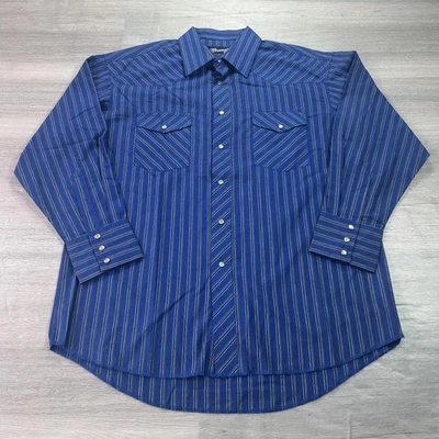 Wrangler Shirt Mens Large Blue Striped Western Pearl Snap X Long Tails Cowboy - Image 1 of 4