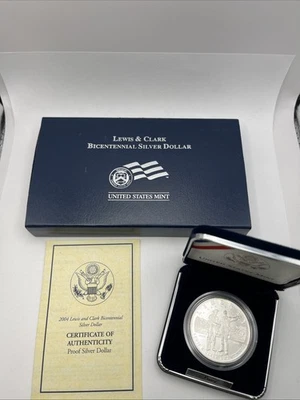 2004 Lewis & Clark Bicentennial Proof 90% Silver Dollar US Mint Coin Box and COA - Image 1 of 3