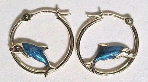14K Gold Metallic Blue Enamel Dolphin Hoop Earrings 5/8" - JCM Jacmel Mauritius  - Picture 1 of 17