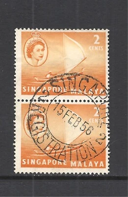 SINGAPORE SCOTT 29 USED PAIR - 1955 2c ORANGE ISSUE - QUEEN ELIZABETH II - Image 1 of 2