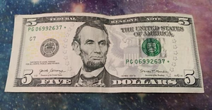 RARE! ☆$5 Dollar Bill ☆STAR☆ NOTE 2017A Misaligned Low Serial Number Print Error - Picture 1 of 4