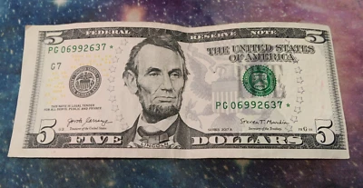 RARE! ☆$5 Dollar Bill ☆STAR☆ NOTE 2017A Misaligned Low Serial Number Print Error - Image 1 of 4