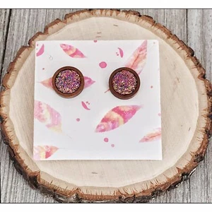 Pink Glitter Druzy Earring, Druzy Stud Earrings, Wood Earring, Boho Chic Earring - Picture 1 of 5
