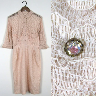 VESTIDO DE COLECCIÓN AÑOS 50 SEXY PIN UP ENCAJE ESTRÁS ABOTONADO Beige Transparente Rockabilly Años 50 Foto 1 de 4