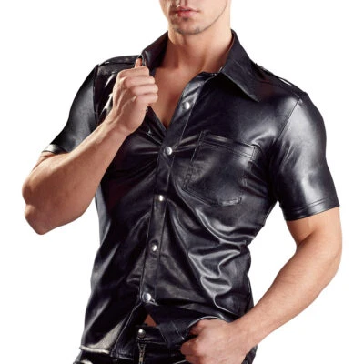 Lederimitat Shirt XL 56 58 Knöpfe Herren Leder Hemd Wetlook Bilitas "Uniformi"