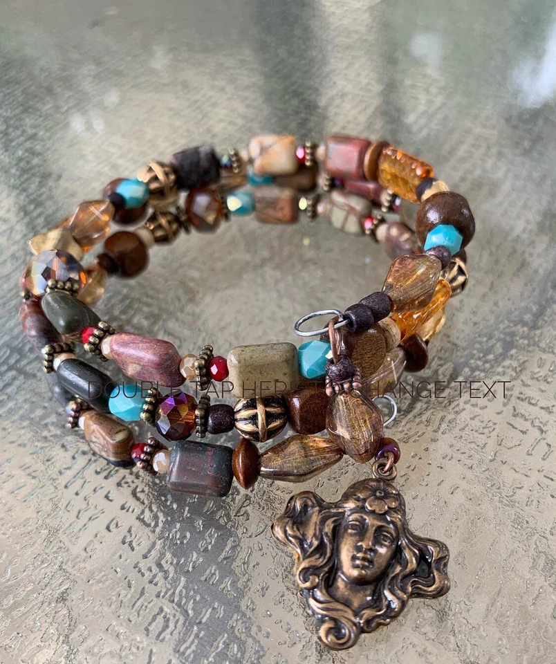 Brazalete hecho a mano elástico envolvente de bronce con cuentas de vidrio mezclado nuevo para dama Foto 1 de 1