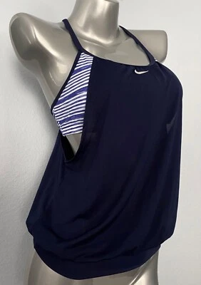 Nike Nuevo Con Etiquetas Natación Tankini Bikini Top Azul Marino Rayas 2 - en - 1 Capas Pequeño S Foto 1 de 3