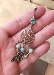 NUOVO Dreamcatcher Anello Bottone Pancia Acciaio Chirurgico Argento e Blu 3" Gioielli Nuovo senza etichette - Foto 1 di 5