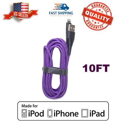 10Ft iPhone Cable Fast Charger For 14 13 12 11 X/Pro Max Nylon Braided Long Cord - Image 1 of 4