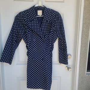 ModCloth Trench Coat Womens XL Navy Blue Cream Polka Dot Belted - Picture 1 of 8
