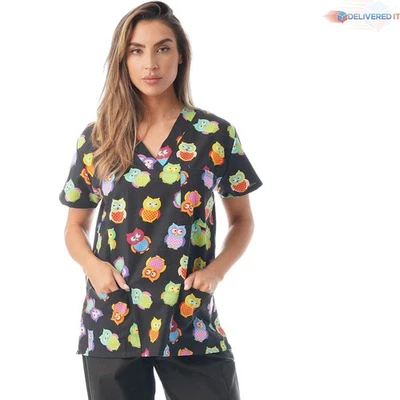 Camisetas Médicas Para Mujer Vacaciones Mezcla Algodón Grandes Multicolor Búhos Cuello en V Foto 1 de 2