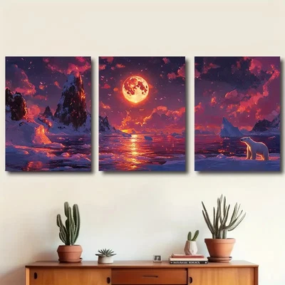 3pcs Arctic Coastline Polar Bear Scene Wall Art Canvas Unframed/Framed - Image 1 of 4