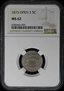 1873 OPEN 3 Shield 5C NGC MS62 - Picture 1 of 4