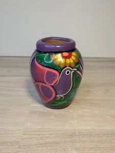Mexikanische handbemalte rote Tonkeramik Vase Vogelmotiv bunte Talavera 3,5" - Bild 1 von 6