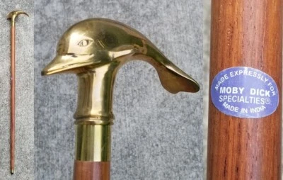 vintage dolphin cane WOOD & BRASS strong ESTATE SALE "Moby Dick Specialties" - Image 1 of 4