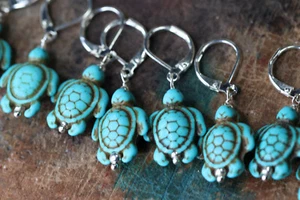 Turquoise Blue Turtle Charm Earrings Silver Plated Brass Leverback Earrings 1.5" - Picture 1 of 5