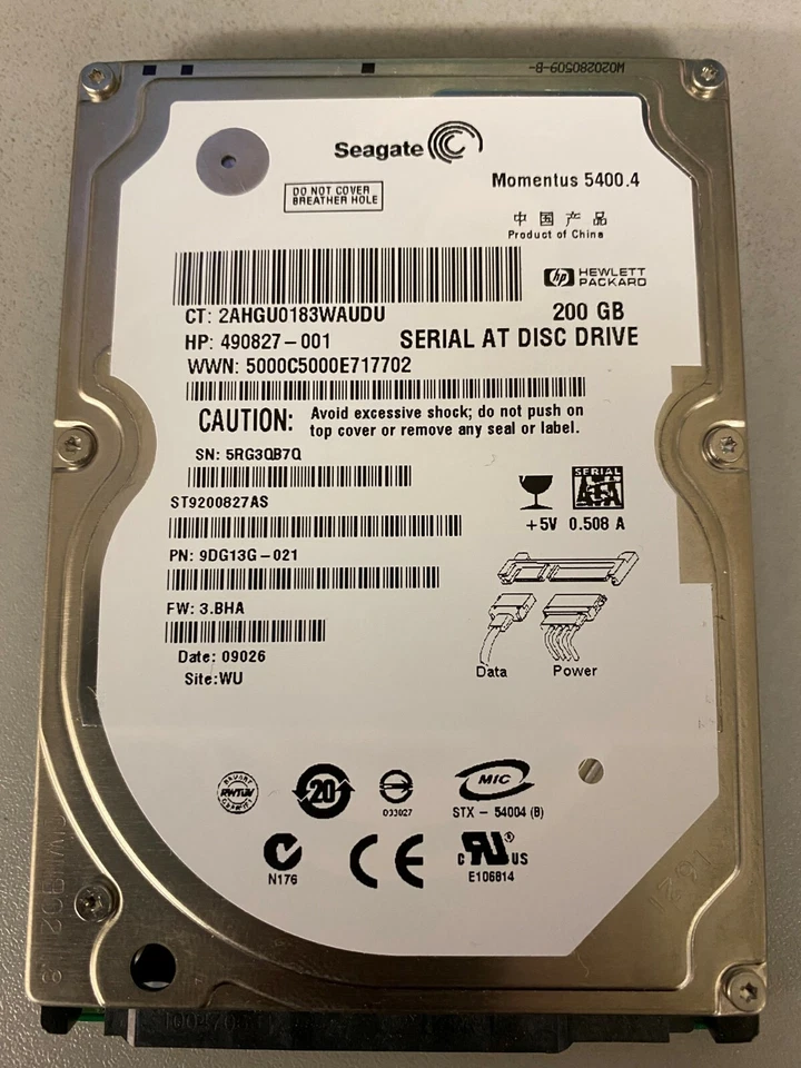 Seagate ST9200827AS 9DG13G-021 FW:3.BHA WU 200gb 2.5" Sata Hard Drive - Image 1 of 1