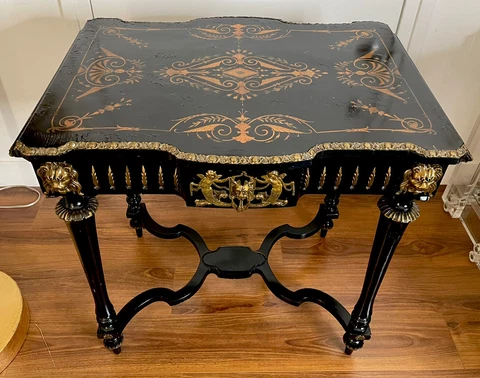 Antique 19th Century French Napoleon III Inlaid Wood Gilt Bronze Drop-Leaf Table Cover