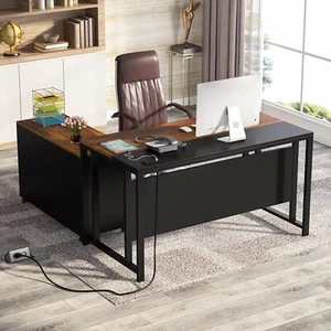 L-Shaped Computer Desk with Power Outlet and Drawer Cabinet Executive Desk - Picture 1 of 9