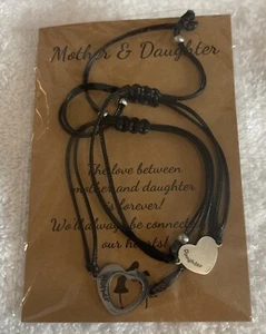 2 Mother Daughter Silver Heart Black Adjustable Rope Bracelet Matching Set NEW - Picture 1 of 8