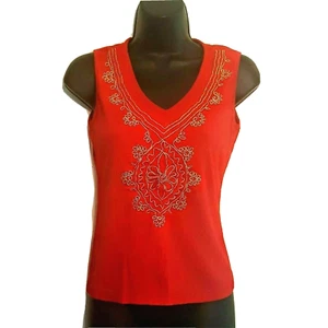 Tank Top Red Crinkle Cotton Gold Thread Embellished siz Small Stretch Knit Shirt - Picture 1 of 4