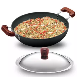 Futura Pentola Anodizzata Dura 7,5 Ltr 36 cm Kadai/Wok/Friy Fondo Piatto con Coperchio - Foto 1 di 9