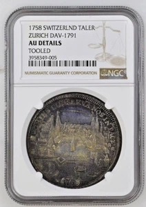 1758 Swiss Cantons ZURICH Thaler Silver Coin City view NGC AU-Details - Foto 1 di 4