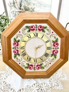 Vintage Germany Quartz Wall Clock Handmade Wood Tapestry Embroidery 1960s - Picture 1 of 9