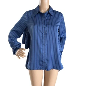 L'Academie Satin Blue Striped Ruffled Top Blouse Tie Cropped Back Size XS NWT - Picture 1 of 5