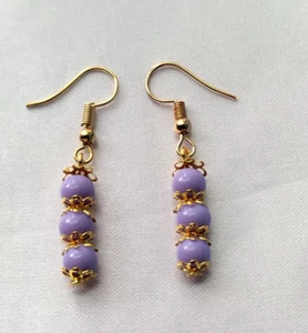 Lilac Purple Beaded Stick Drop Hook Earrings Handmade Gold Tone Boho Chic Light - Picture 1 of 7